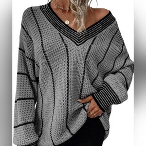 Dokotoo Womens Oversized Striped Tunic Long Sleeve Sweaters Casual V Neck